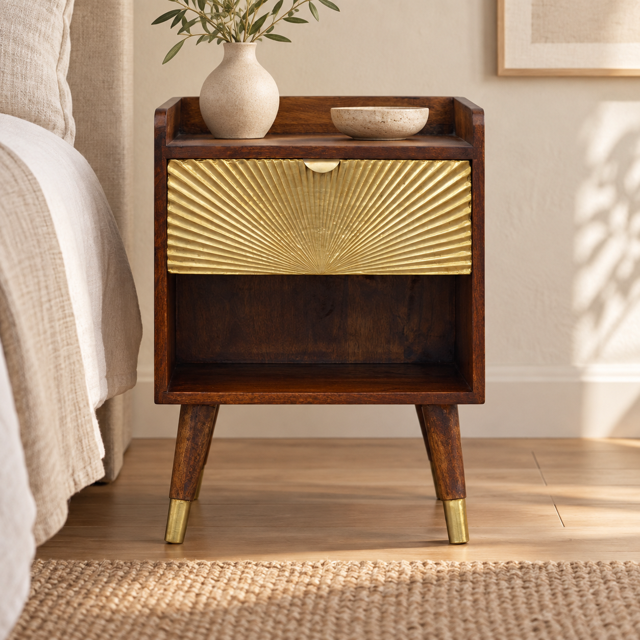 Mila Gold One Drawer Bedside — Chestnut — styled interior