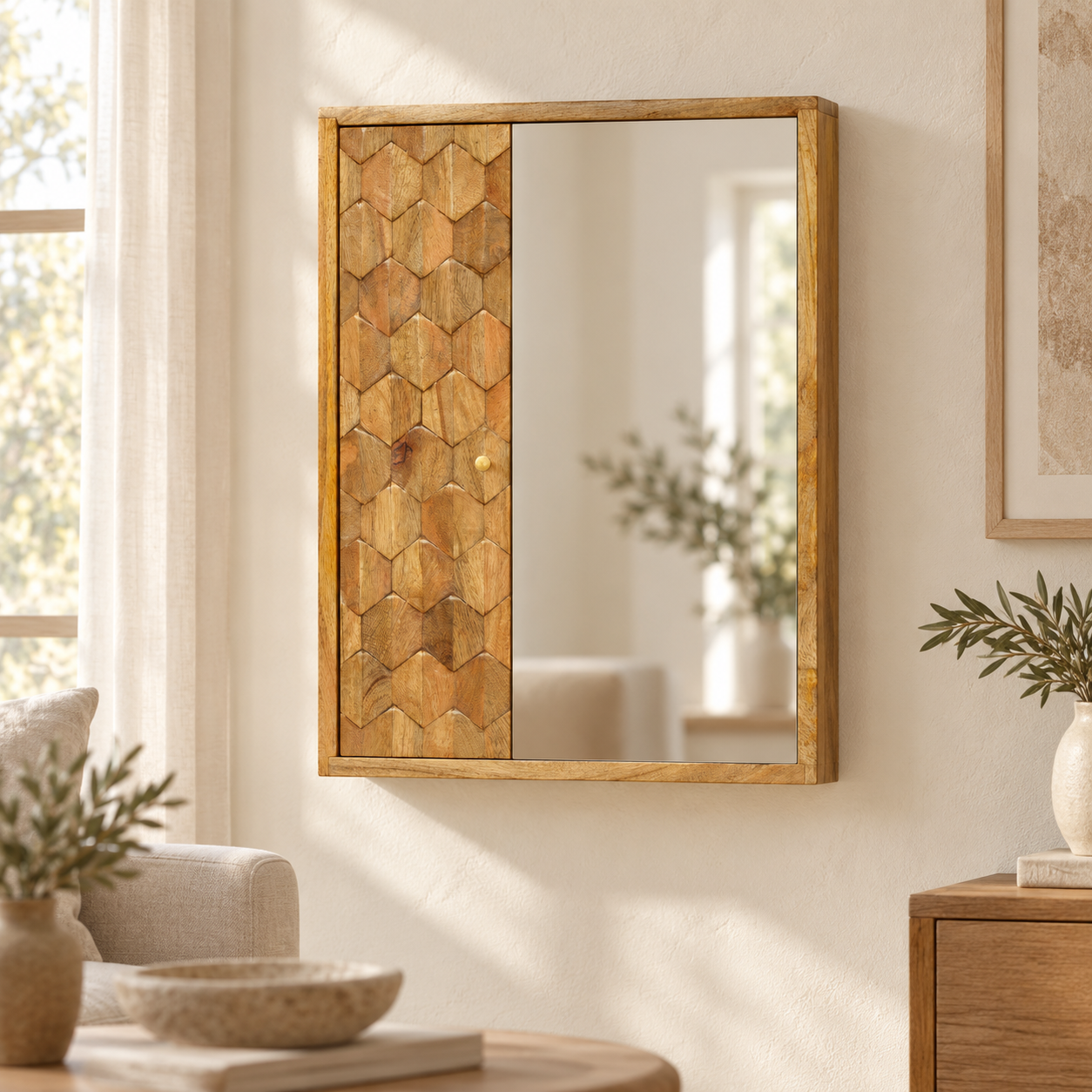 Forma Pineapple Carved Mirror Cabinet — styled interior