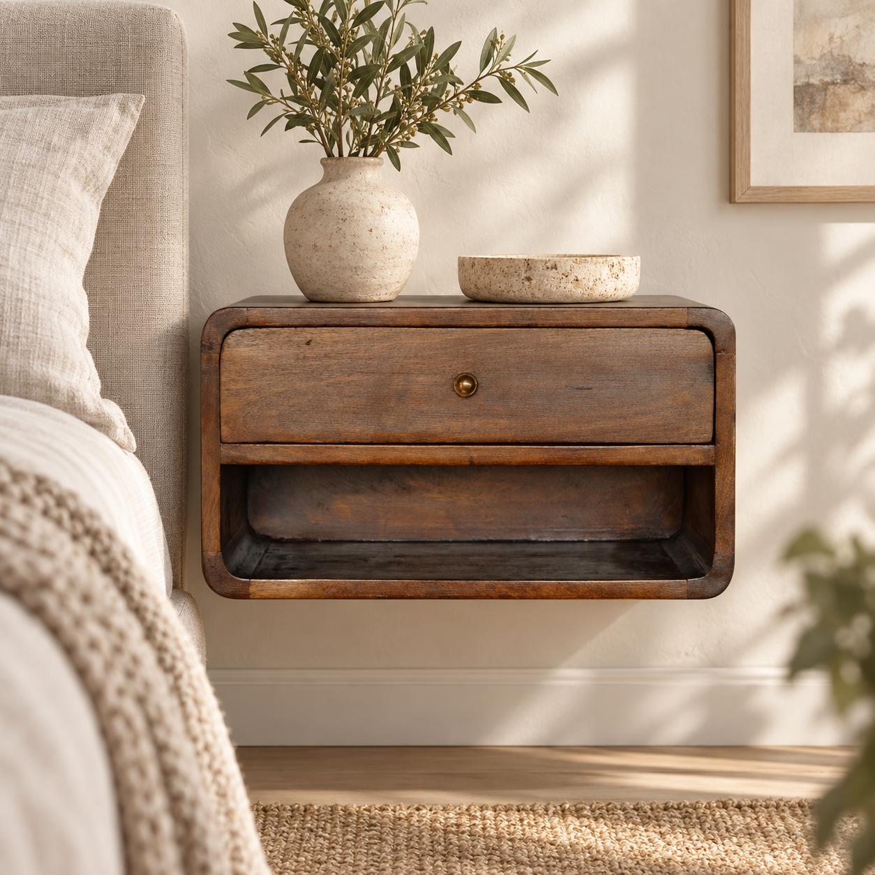 Lina Curve Floating Bedside — Chestnut — styled interior