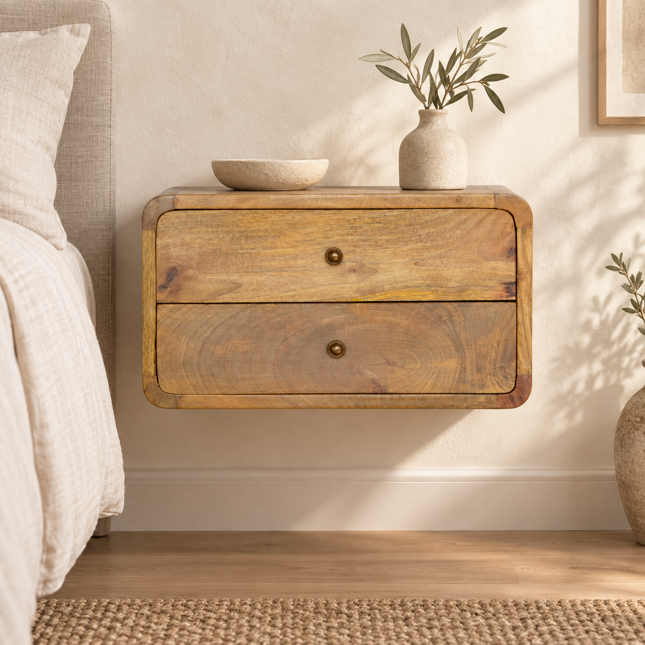 Forma Two-Drawer Floating Bedside — Natural — styled interior