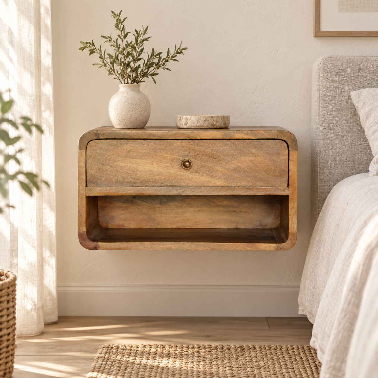 Lina Floating Curve Open Slot Bedside — Natural — styled interior