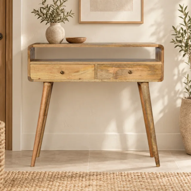 Lina Curved Console Table — Natural — styled interior