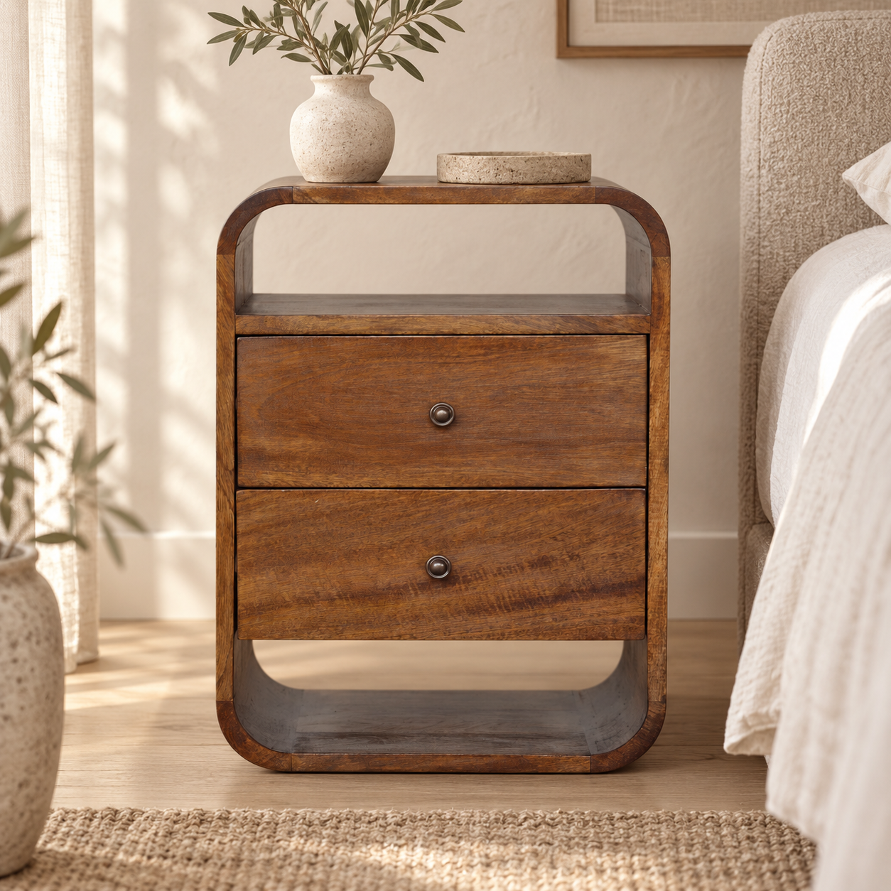 Lina Curve Two-Drawer Bedside — Chestnut — styled interior