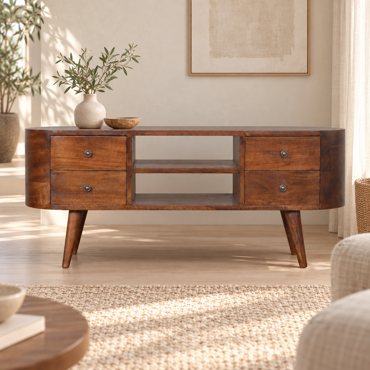 Lina Rounded Entertainment Unit — Chestnut — styled interior