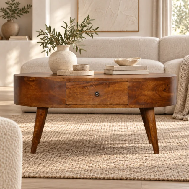 Lina Rounded Coffee Table — Chestnut — styled interior