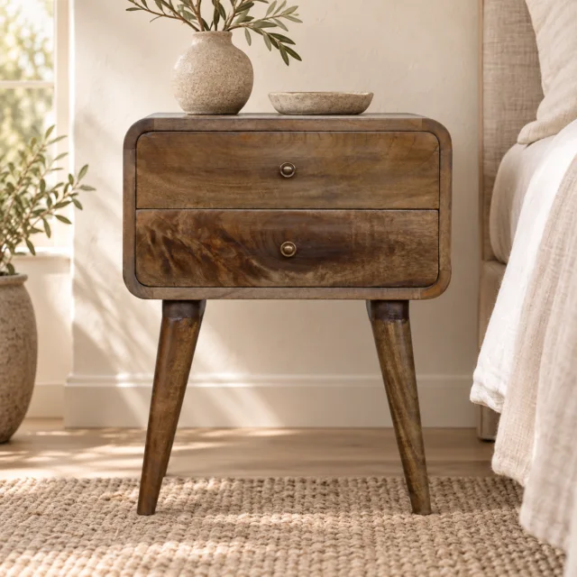 Lina Curved Washed Bedside — Classic Grey — styled interior