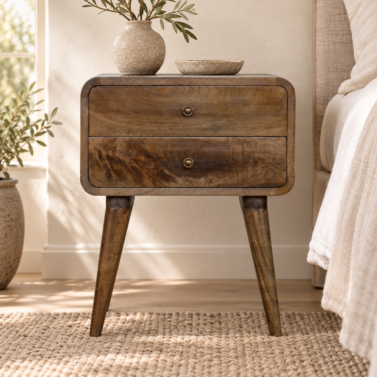 Lina Curved Washed Bedside — Classic Grey — styled interior