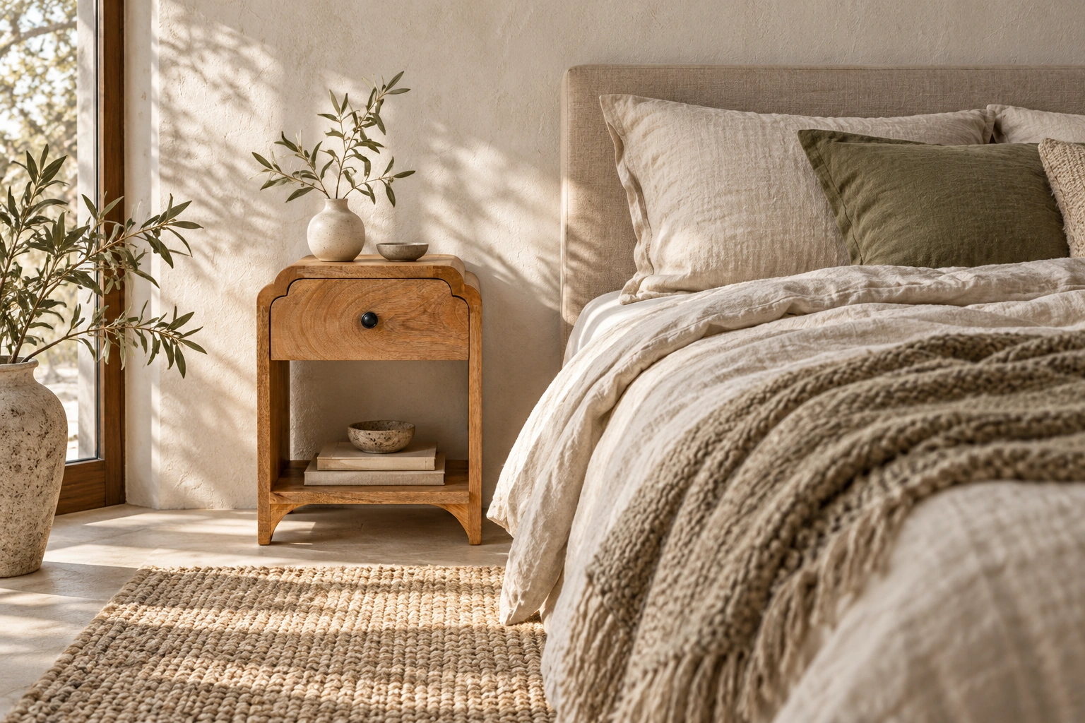 Norr natural wood bedside with layered linen, wool and woven textures in a softly lit bedroom