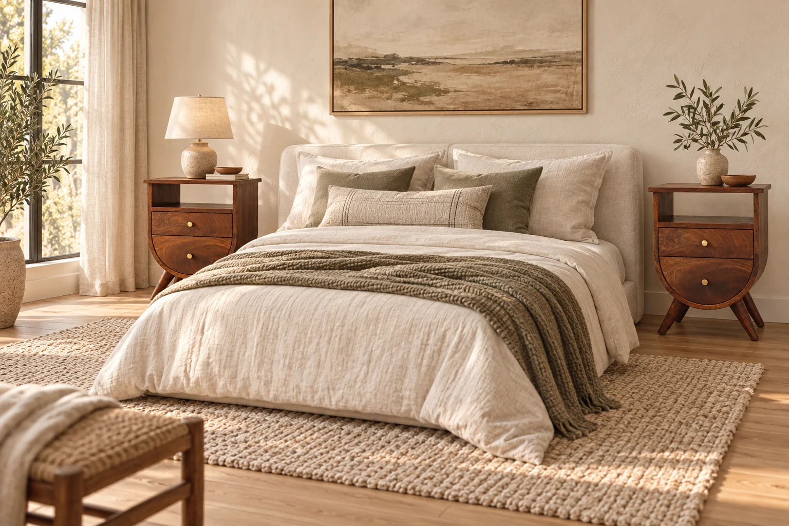 A pair of chestnut bedside tables in a warm, softly lit bedroom